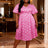 AOMEIDRESS A Line Printed Dress V Neck Short Puff Sleeves Causal Wear Rose / L