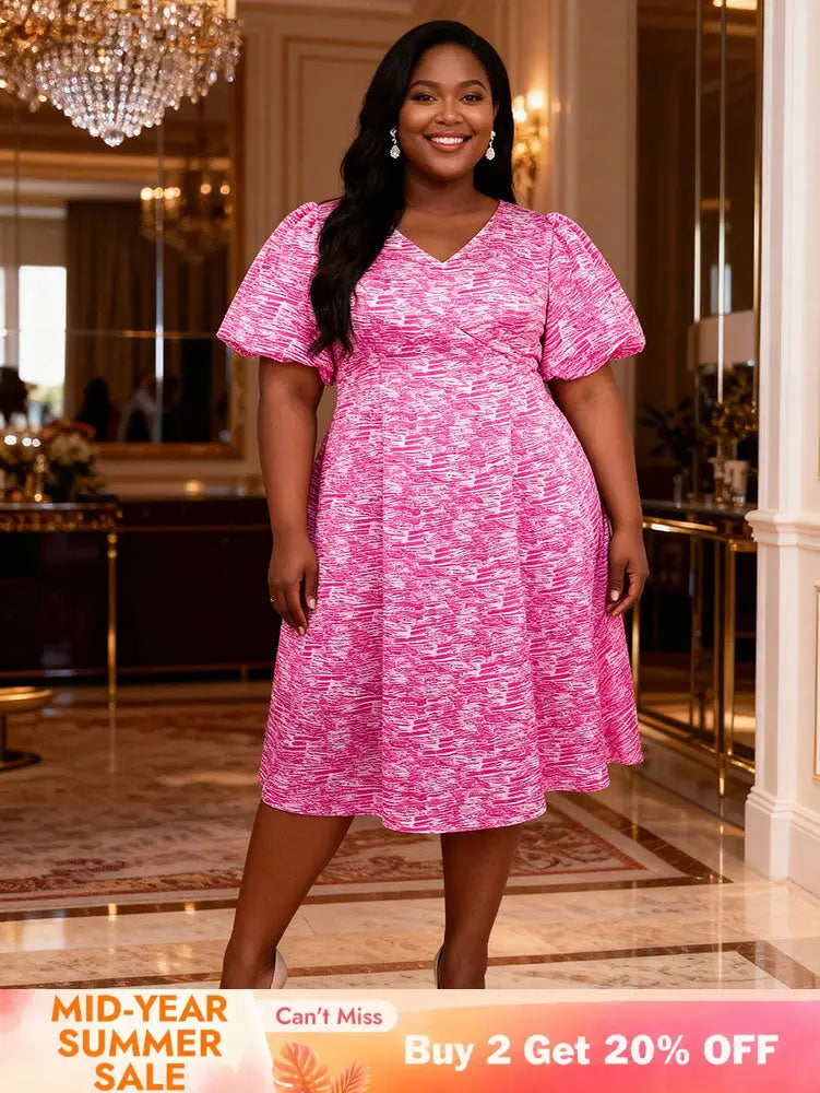 AOMEIDRESS A Line Printed Dress V Neck Short Puff Sleeves Causal Wear Rose / L