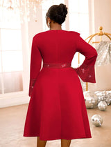 AOMEIDRESS A Line Sequins Ruffle Midi Dress Flare Sleeve For Party