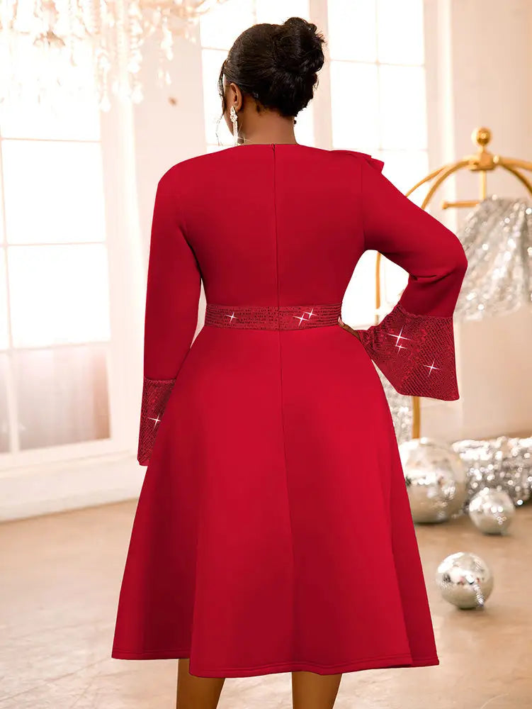 AOMEIDRESS A Line Sequins Ruffle Midi Dress Flare Sleeve For Party