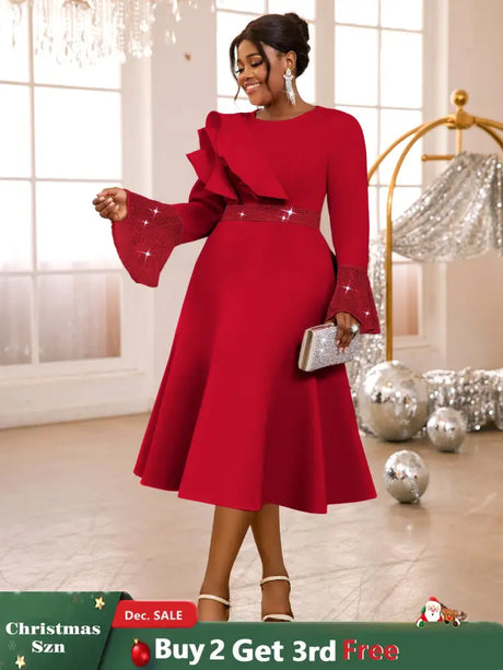 AOMEIDRESS A Line Sequins Ruffle Midi Dress Flare Sleeve For Party Red / S