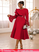 AOMEIDRESS A Line Sequins Ruffle Midi Dress Flare Sleeve For Party Red / S