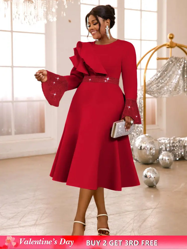 AOMEIDRESS A Line Sequins Ruffle Midi Dress Flare Sleeve For Party Red / S