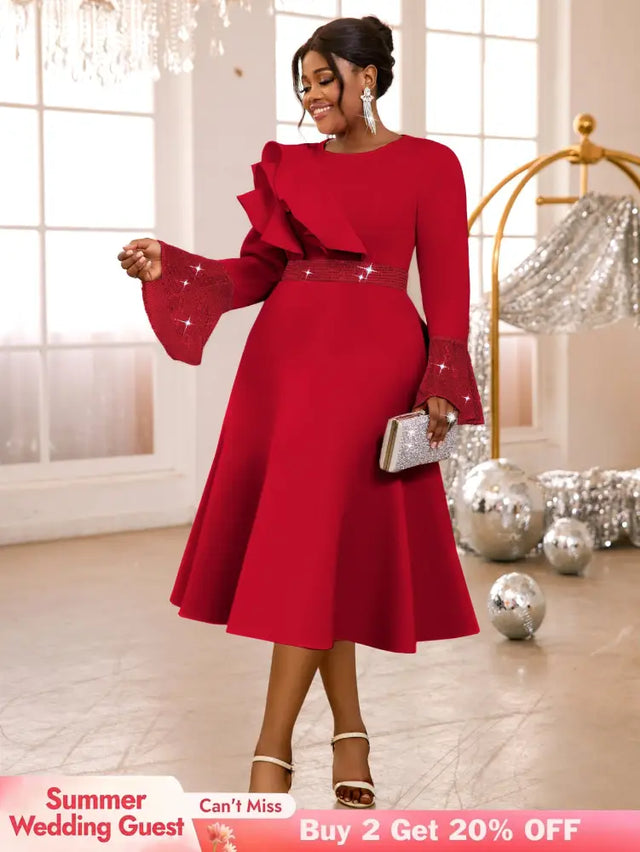 AOMEIDRESS A Line Sequins Ruffle Midi Dress Flare Sleeve For Party Red / S