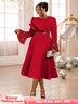 AOMEIDRESS A Line Sequins Ruffle Midi Dress Flare Sleeve For Party Red / S
