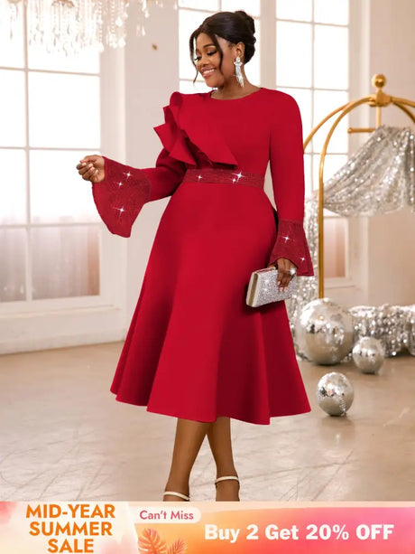 AOMEIDRESS A Line Sequins Ruffle Midi Dress Flare Sleeve For Party Red / S