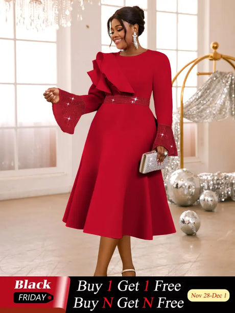 AOMEIDRESS A Line Sequins Ruffle Midi Dress Flare Sleeve For Party Red / S