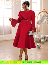 AOMEIDRESS A Line Sequins Ruffle Midi Dress Flare Sleeve For Party Red / S