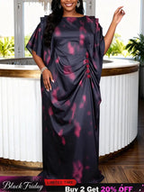 AOMEIDRESS Africa Bubu Dress Kaftan Priting Waist Tie Batwing Sleeves - Black / OneSize
