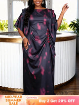 AOMEIDRESS Africa Bubu Dress Kaftan Priting Waist Tie Batwing Sleeves - Black / OneSize