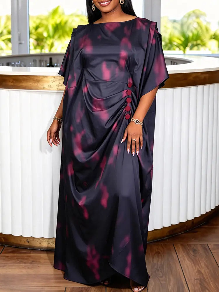 AOMEIDRESS Africa Bubu Dress Kaftan Priting Waist Tie Batwing Sleeves - Black / OneSize