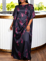 AOMEIDRESS Africa Bubu Dress Kaftan Priting Waist Tie Batwing Sleeves - Black / OneSize