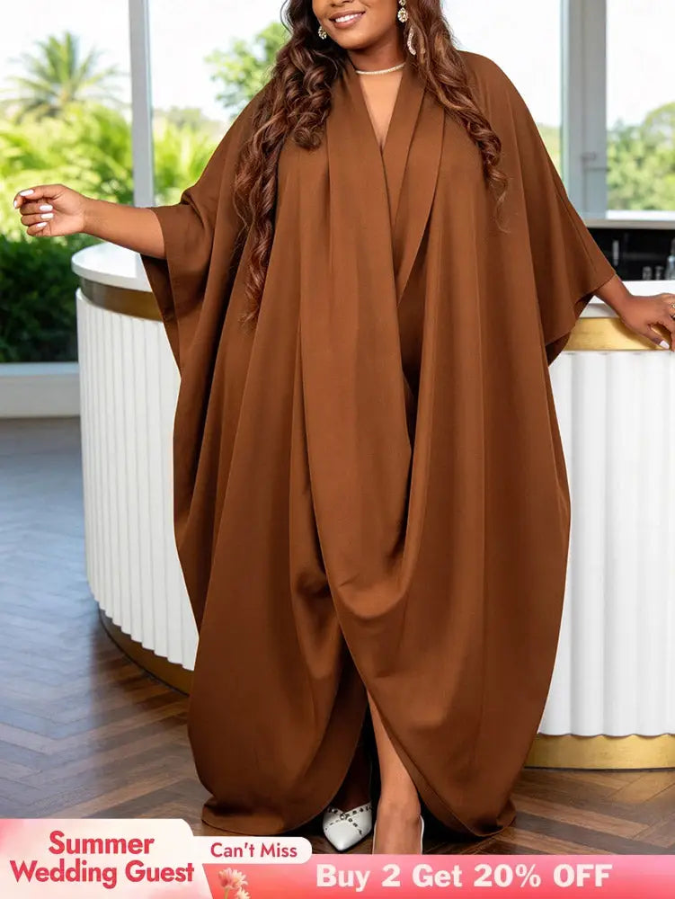 AOMEIDRESS Africa Bubu Dresses Kaftan V Neck Loose Batwing Sleeves - Brown / OneSize
