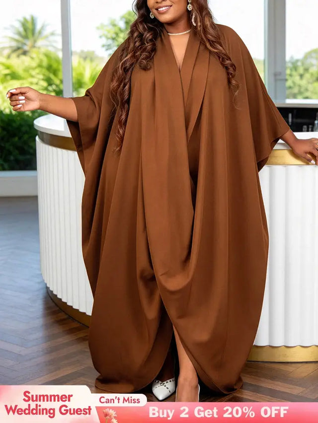 AOMEIDRESS Africa Bubu Dresses Kaftan V Neck Loose Batwing Sleeves - Brown / OneSize