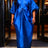 AOMEIDRESS African Kaftan Bubu Dress V Neck Shrring Loose Waist Tie - Blue / OneSize