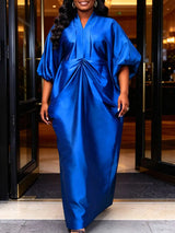 AOMEIDRESS African Kaftan Bubu Dress V Neck Shrring Loose Waist Tie - Blue / OneSize