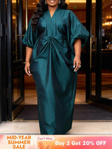 AOMEIDRESS African Kaftan Bubu Dress V Neck Shrring Loose Waist Tie - PeacockBlue / OneSize