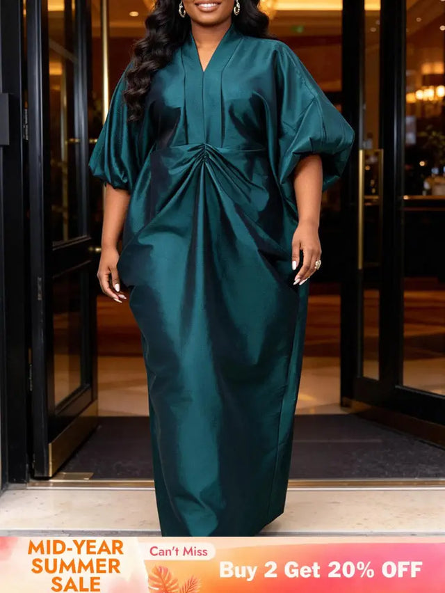 AOMEIDRESS African Kaftan Bubu Dress V Neck Shrring Loose Waist Tie - PeacockBlue / OneSize