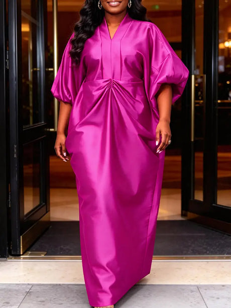 AOMEIDRESS African Kaftan Bubu Dress V Neck Shrring Loose Waist Tie - Rose / OneSize
