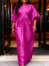AOMEIDRESS African Kaftan Bubu Dress V Neck Shrring Loose Waist Tie - Rose / OneSize