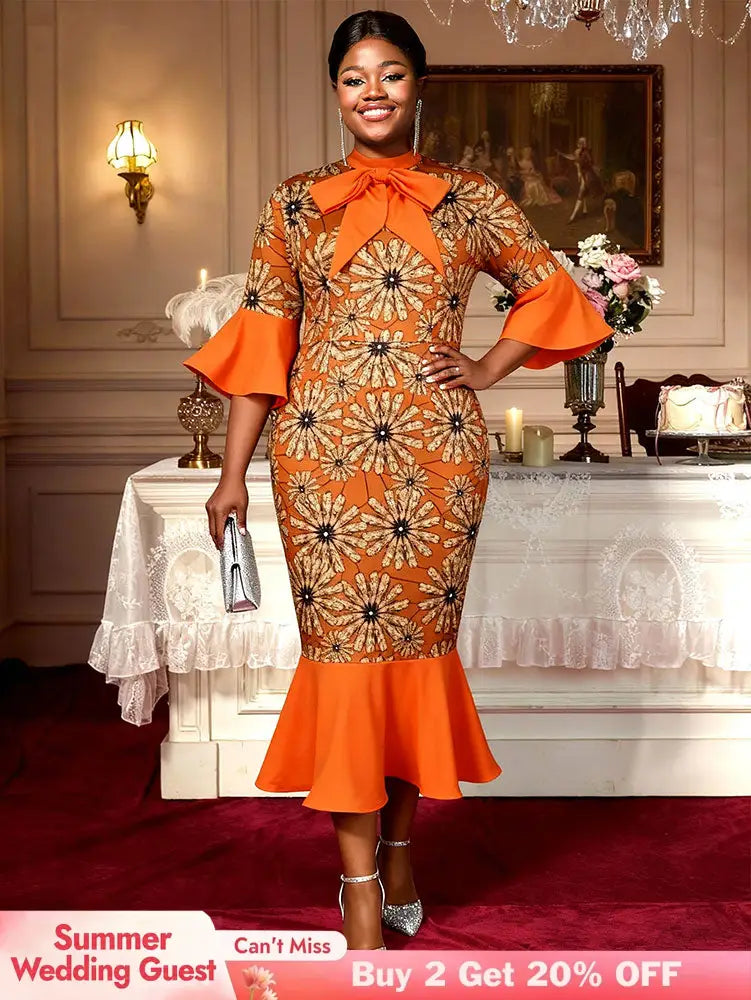 AOMEIDRESS African Printed Mermaid Dress Office Lady Church Gowns Orange / S