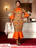 AOMEIDRESS African Printed Mermaid Dress Office Lady Church Gowns Orange / S