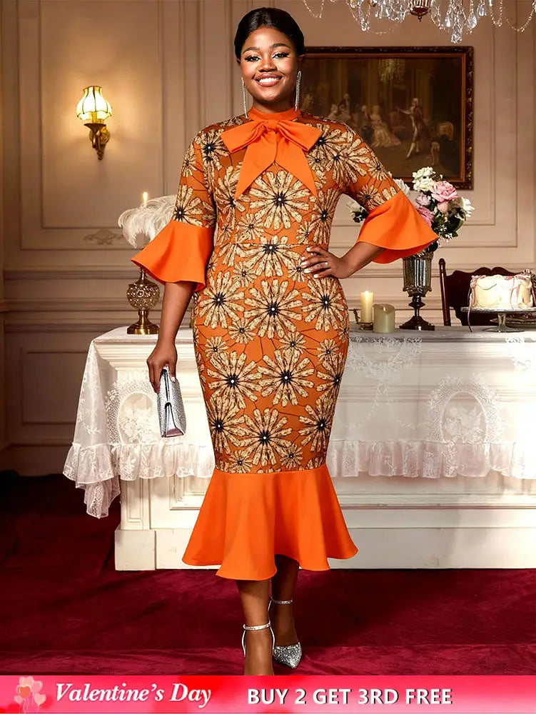 AOMEIDRESS African Printed Mermaid Dress Office Lady Church Gowns Orange / S