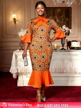AOMEIDRESS African Printed Mermaid Dress Office Lady Church Gowns Orange / S