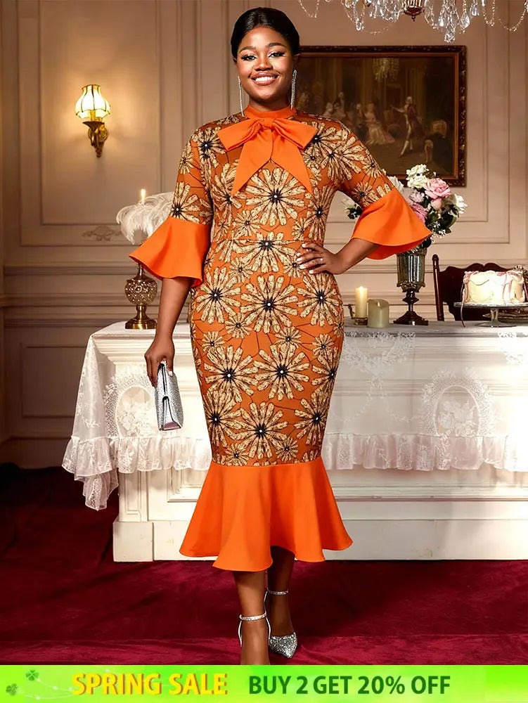 AOMEIDRESS African Printed Mermaid Dress Office Lady Church Gowns Orange / S