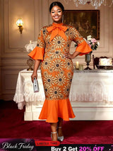 AOMEIDRESS African Printed Mermaid Dress Office Lady Church Gowns Orange / S
