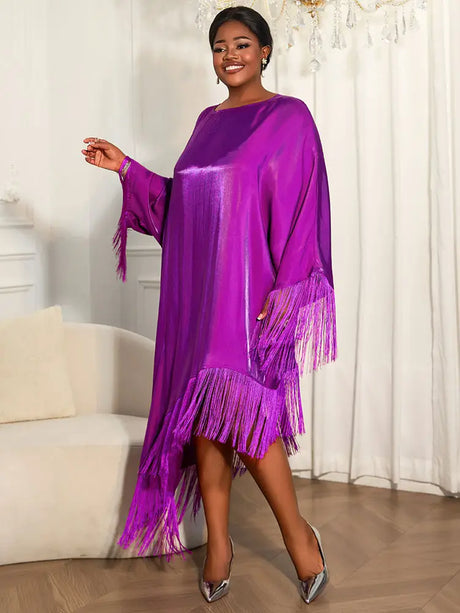 AOMEIDRESS African Shiny Tassel Boubou Dress Loose Traditional Gowns Purple / OneSize
