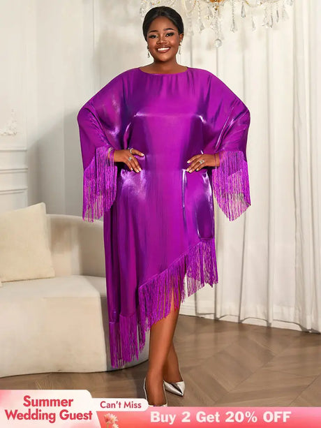 AOMEIDRESS African Shiny Tassel Boubou Dress Loose Traditional Gowns Purple / OneSize