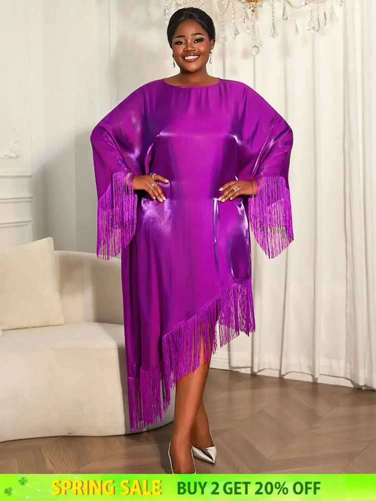 AOMEIDRESS African Shiny Tassel Boubou Dress Loose Traditional Gowns Purple / OneSize