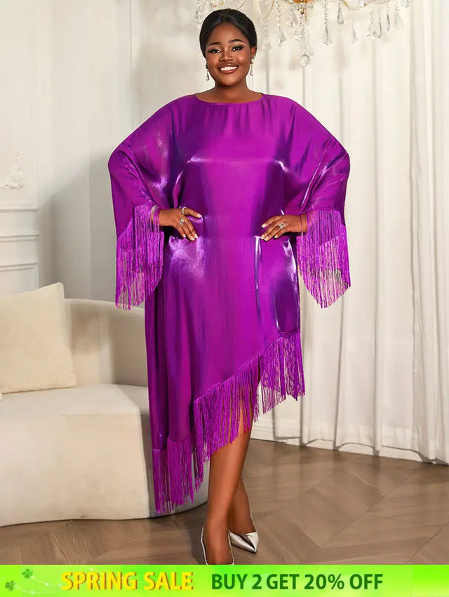 AOMEIDRESS African Shiny Tassel Boubou Dress Loose Traditional Gowns Purple / OneSize