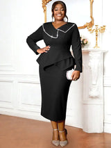 AOMEIDRESS Asymmetric Split V Neck Dress Beaded Long Sleeve Ruffles Black / S