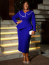 AOMEIDRESS Asymmetric Split V Neck Dress Beaded Long Sleeve Ruffles Blue / S