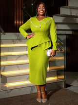 AOMEIDRESS Asymmetric Split V Neck Dress Beaded Long Sleeve Ruffles Green / S