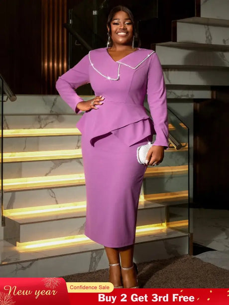 AOMEIDRESS Asymmetric Split V Neck Dress Beaded Long Sleeve Ruffles Purple / S