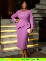 AOMEIDRESS Asymmetric Split V Neck Dress Beaded Long Sleeve Ruffles Purple / S