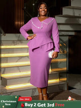 AOMEIDRESS Asymmetric Split V Neck Dress Beaded Long Sleeve Ruffles Purple / S