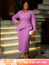 AOMEIDRESS Asymmetric Split V Neck Dress Beaded Long Sleeve Ruffles Purple / S