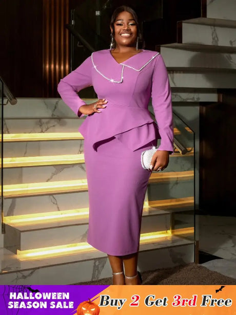 AOMEIDRESS Asymmetric Split V Neck Dress Beaded Long Sleeve Ruffles Purple / S