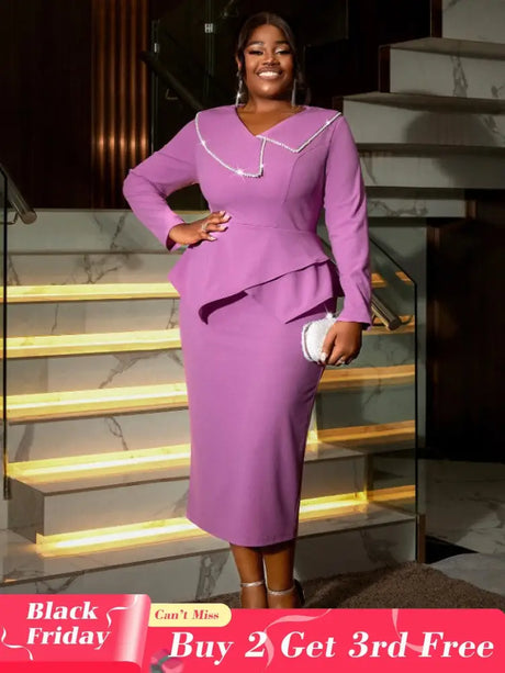 AOMEIDRESS Asymmetric Split V Neck Dress Beaded Long Sleeve Ruffles Purple / S