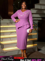 AOMEIDRESS Asymmetric Split V Neck Dress Beaded Long Sleeve Ruffles Purple / S