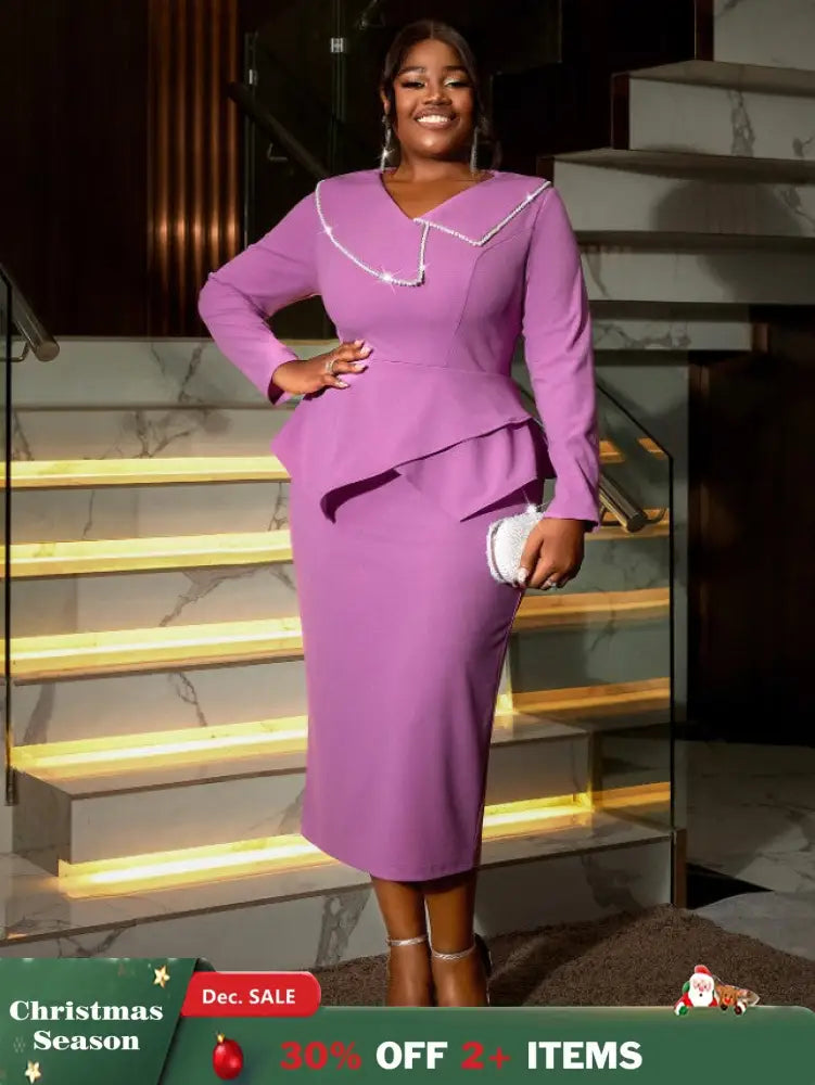 AOMEIDRESS Asymmetric Split V Neck Dress Beaded Long Sleeve Ruffles Purple / S