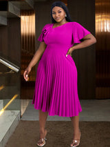 AOMEIDRESS Asymmetrical Neck Ruffles Short Sleeve Pleated Dress Rose / S