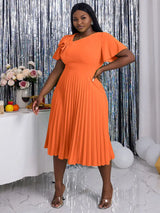 AOMEIDRESS Asymmetrical Neck Ruffles Short Sleeve Pleated Dress Orange / S