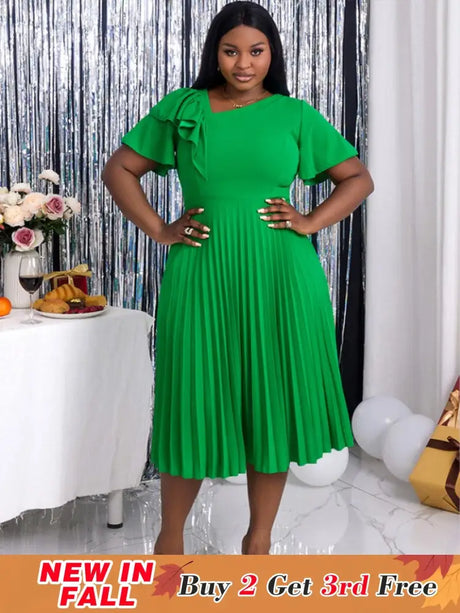 green asymmetrical neck midi dresses for women plus size pleated dress