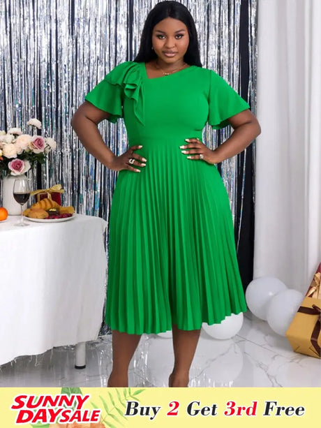 green asymmetrical neck midi dresses for women plus size pleated dress