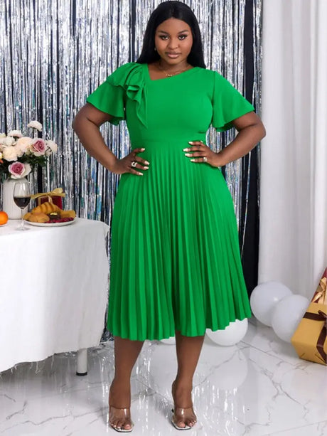 green asymmetrical neck midi dresses for women plus size pleated dress